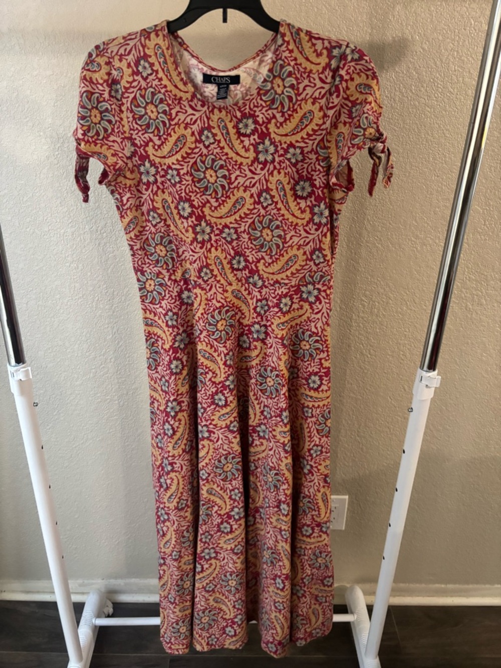 Chaps Pink Paisley-Print Short Sleeve Maxi Dress with Yellow & Blue Accents
